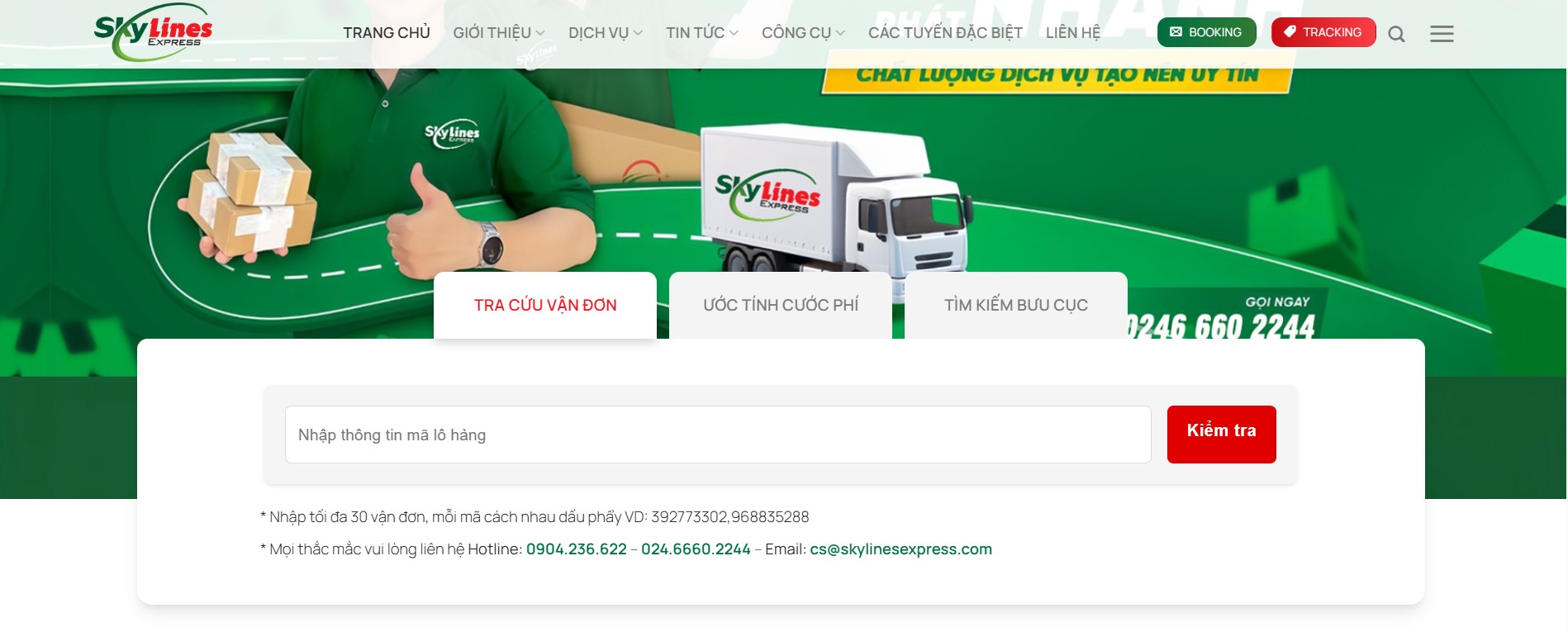 Giao diện ưa nhìn và dễ sử dụng để tra cứu vận đơn trên website của Skylines Express