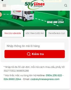 Bức ảnh này thể hiện tính năng tra cứu mã đơn hàng Skylines Express thông qua ứng dụng di động. Khách hàng có thể dễ dàng kiểm tra tình trạng đơn hàng mọi lúc, mọi nơi chỉ với vài thao tác đơn giản.