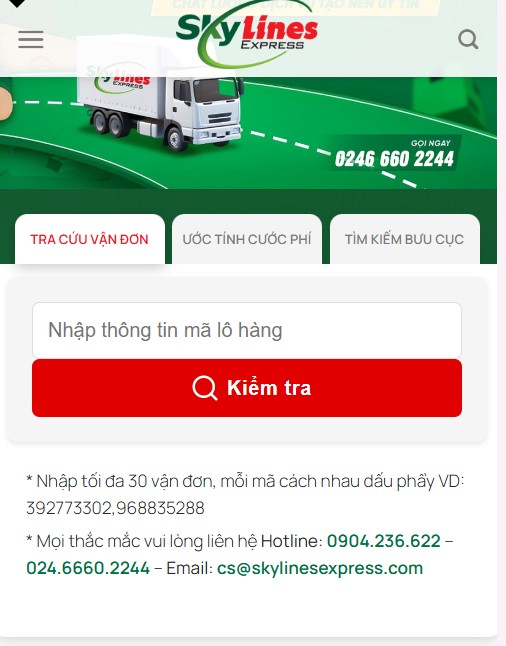 Bức ảnh này thể hiện tính năng tra cứu mã đơn hàng Skylines Express thông qua ứng dụng di động. Khách hàng có thể dễ dàng kiểm tra tình trạng đơn hàng mọi lúc, mọi nơi chỉ với vài thao tác đơn giản.