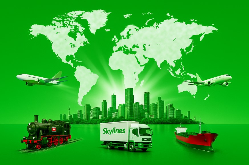 Bức ảnh này minh họa quá trình chuyển phát nhanh quốc tế của Skylines Express, với các phương tiện vận chuyển đa dạng như máy bay, tàu, xe tải và tàu thủy, giúp kết nối các quốc gia và các thành phố lớn trên toàn cầu. 
